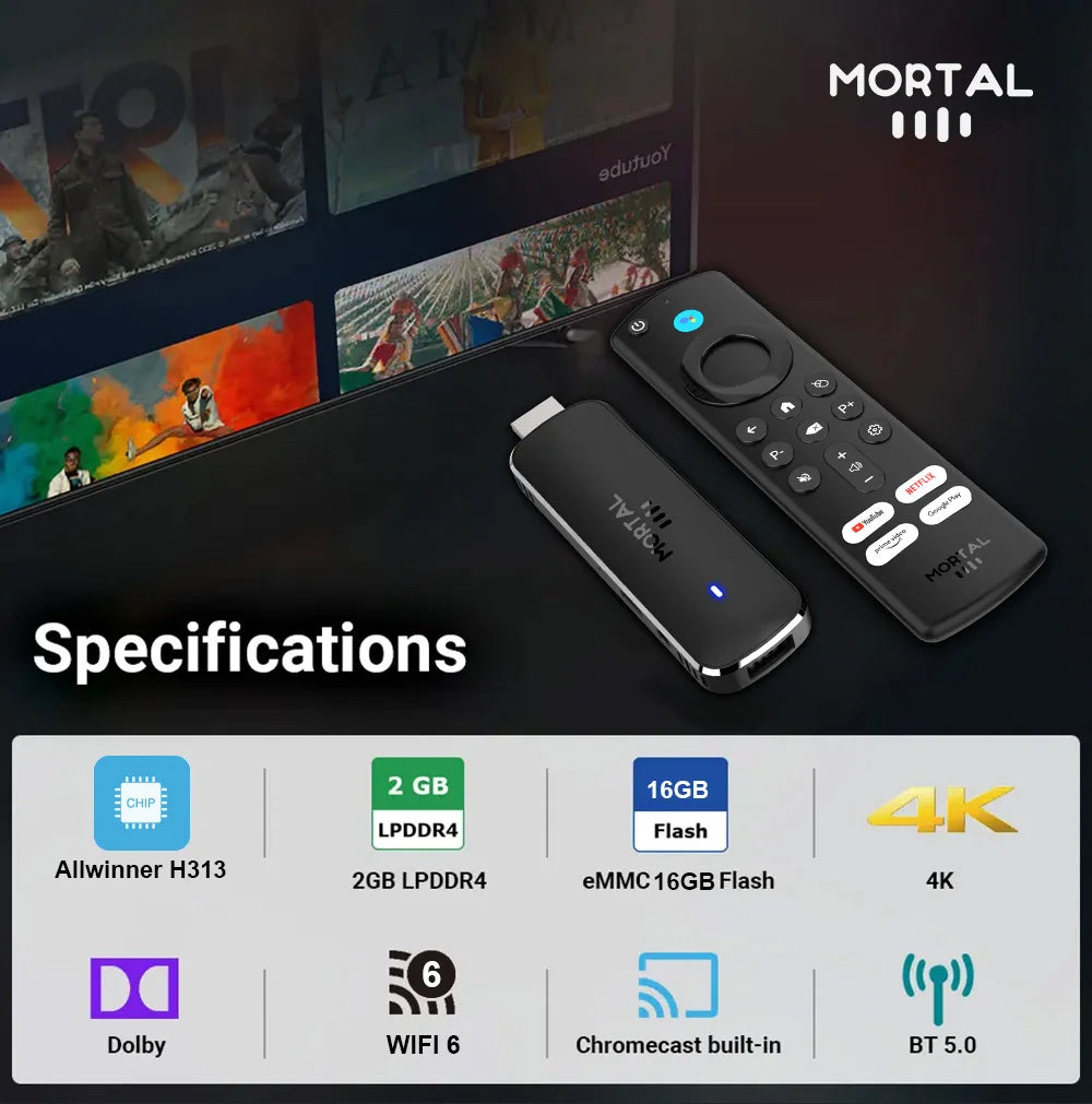 Mortal Android 14 TV Stick Full HD 4K 1080P WiFi 6 Google Voice NETFLIX Youtube Q8 BT5 24Fps Draadloze Video Decode Media Player