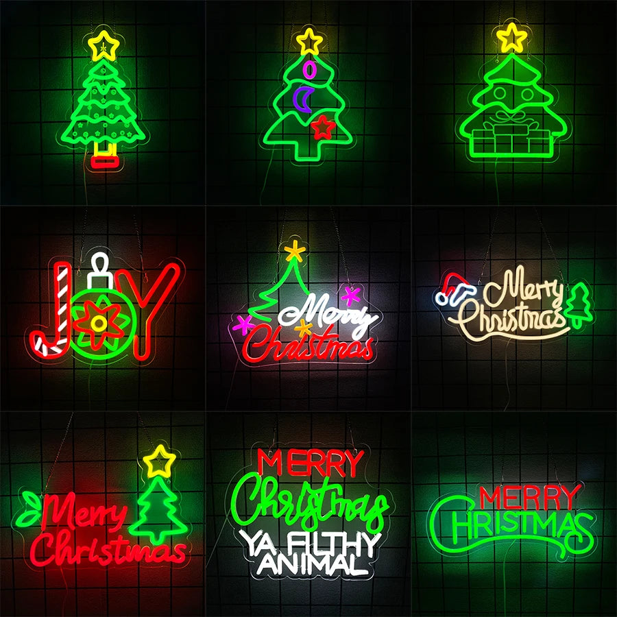 Merry Christmas Neon Sign for Wall Decor, Christmas Tree Neon Signs Vibrant LED Neon Light up Sign for Party Decor USB Powered