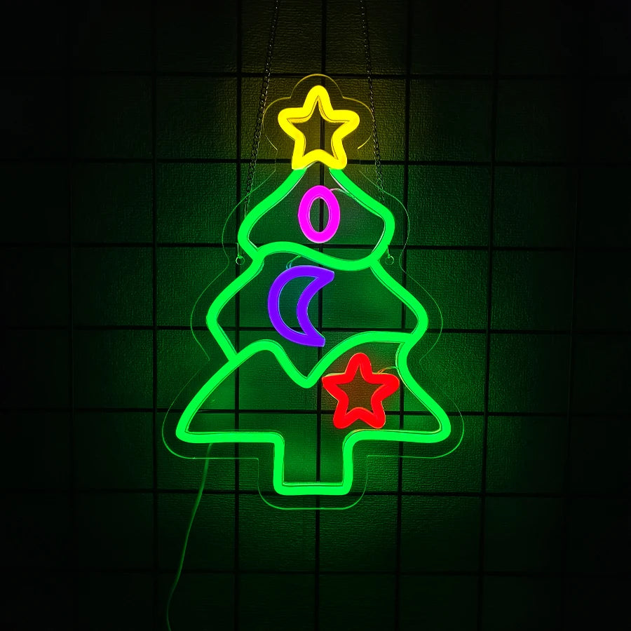 Merry Christmas Neon Sign for Wall Decor, Christmas Tree Neon Signs Vibrant LED Neon Light up Sign for Party Decor USB Powered