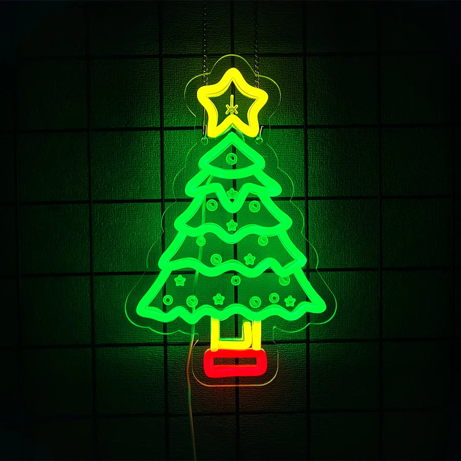 Merry Christmas Neon Sign for Wall Decor, Christmas Tree Neon Signs Vibrant LED Neon Light up Sign for Party Decor USB Powered