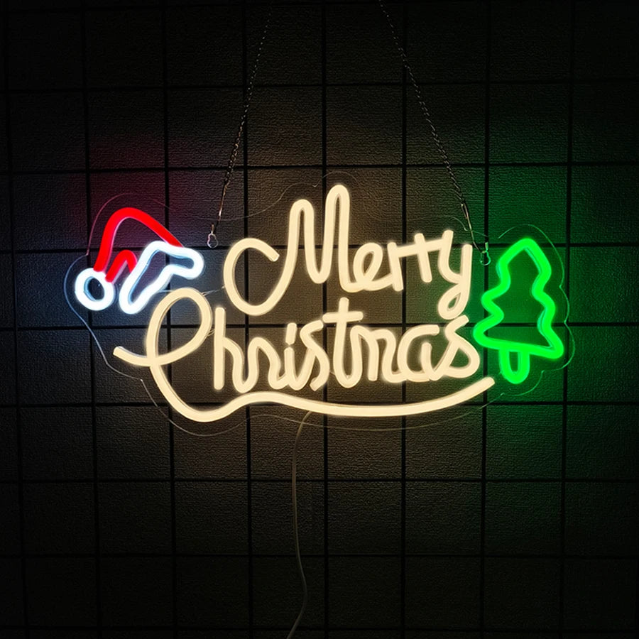 Merry Christmas Neon Sign for Wall Decor, Christmas Tree Neon Signs Vibrant LED Neon Light up Sign for Party Decor USB Powered