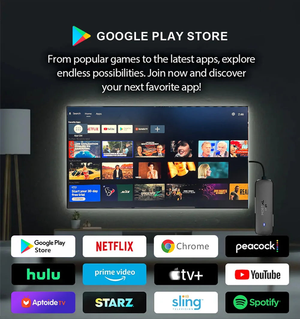 Mortal Android 14 TV Stick Full HD 4K 1080P WiFi 6 Google Voice NETFLIX Youtube Q8 BT5 24Fps Draadloze Video Decode Media Player