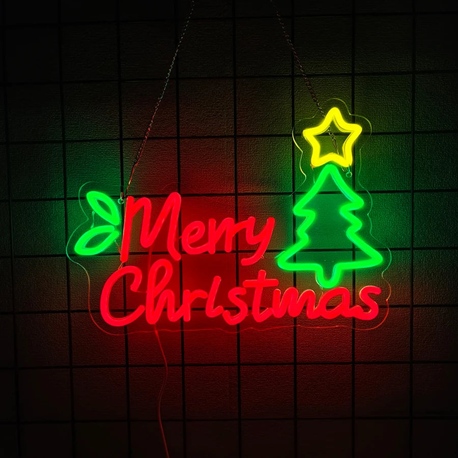 Merry Christmas Neon Sign for Wall Decor, Christmas Tree Neon Signs Vibrant LED Neon Light up Sign for Party Decor USB Powered