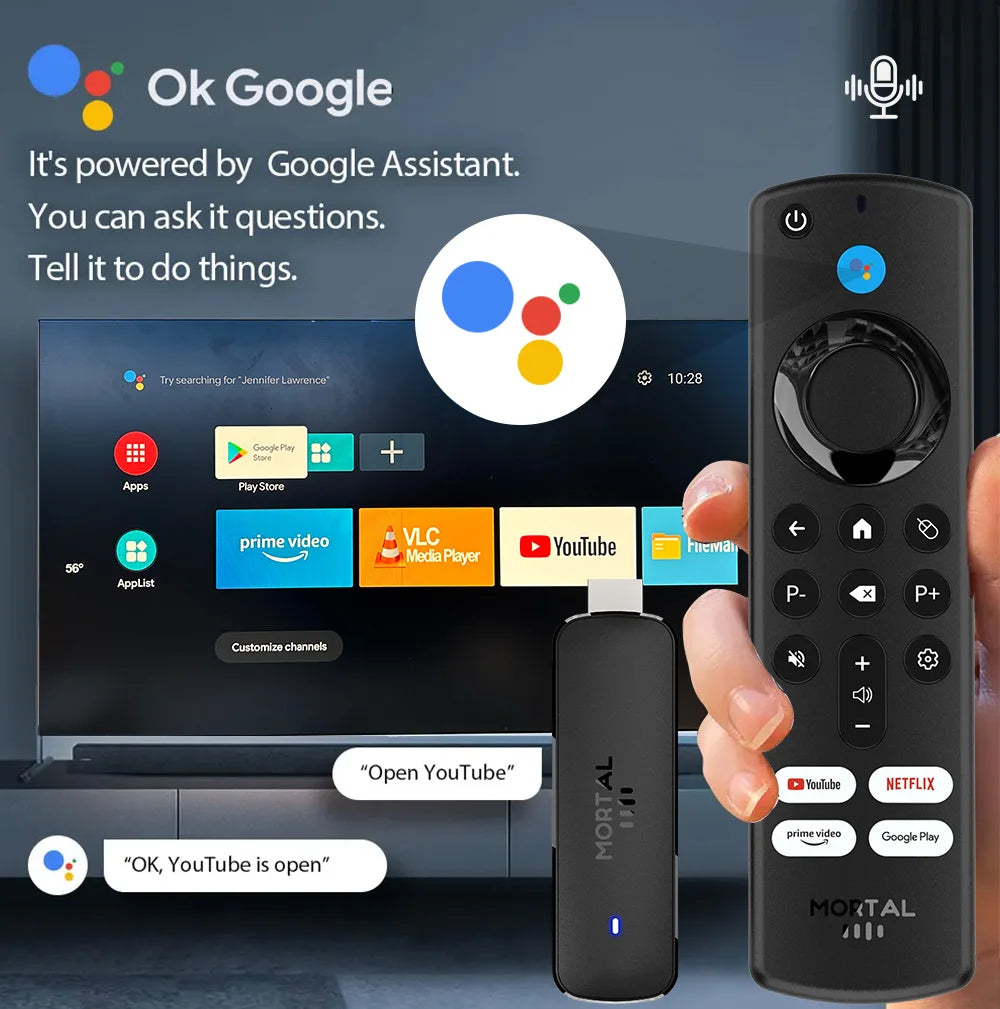 Mortal Android 14 TV Stick Full HD 4K 1080P WiFi 6 Google Voice NETFLIX Youtube Q8 BT5 24Fps Draadloze Video Decode Media Player
