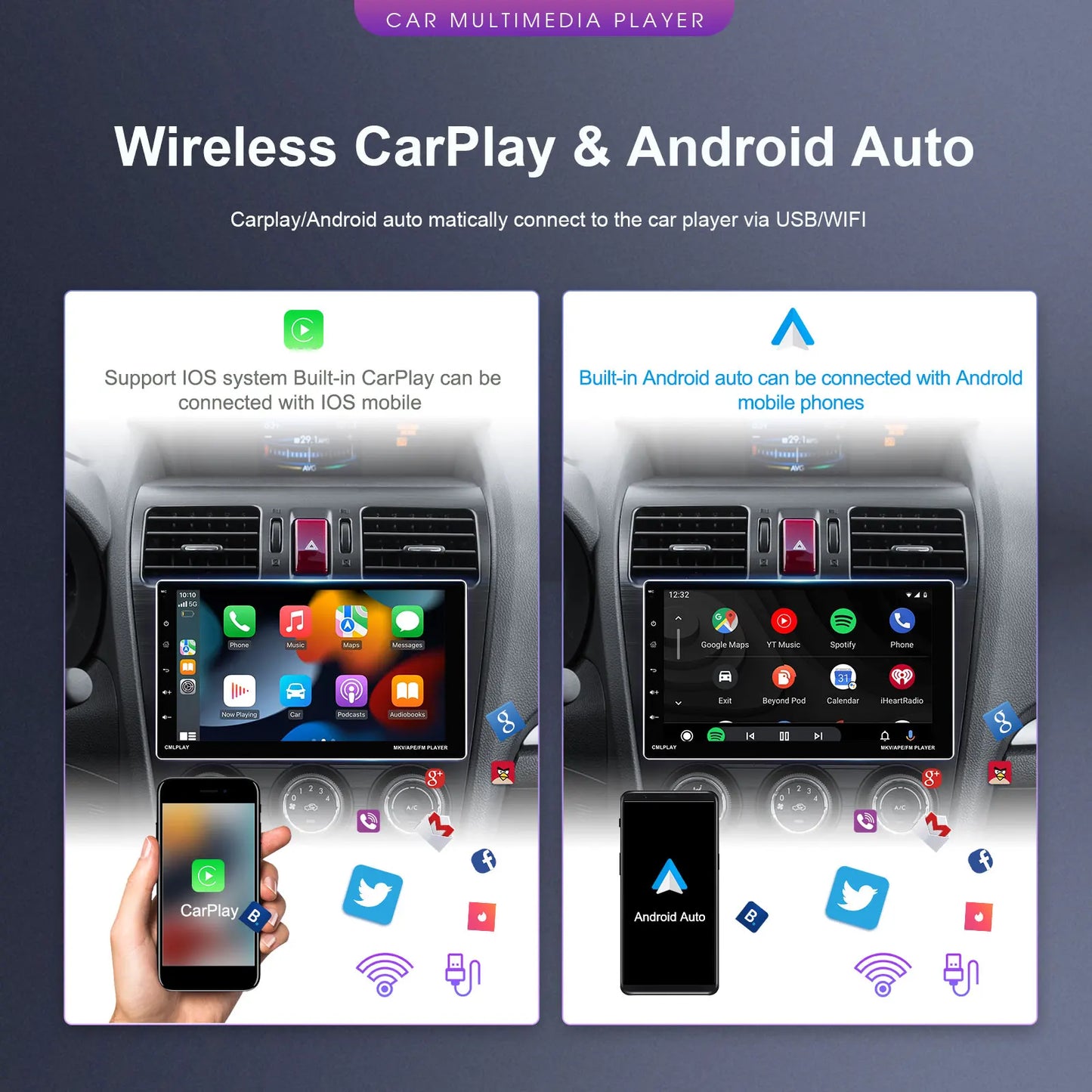 Hikity Universal 9" car Radio 1din Android car Radio Carplay Rotatable Screen Bluetooth FM Radio Receiver Support TF/USB