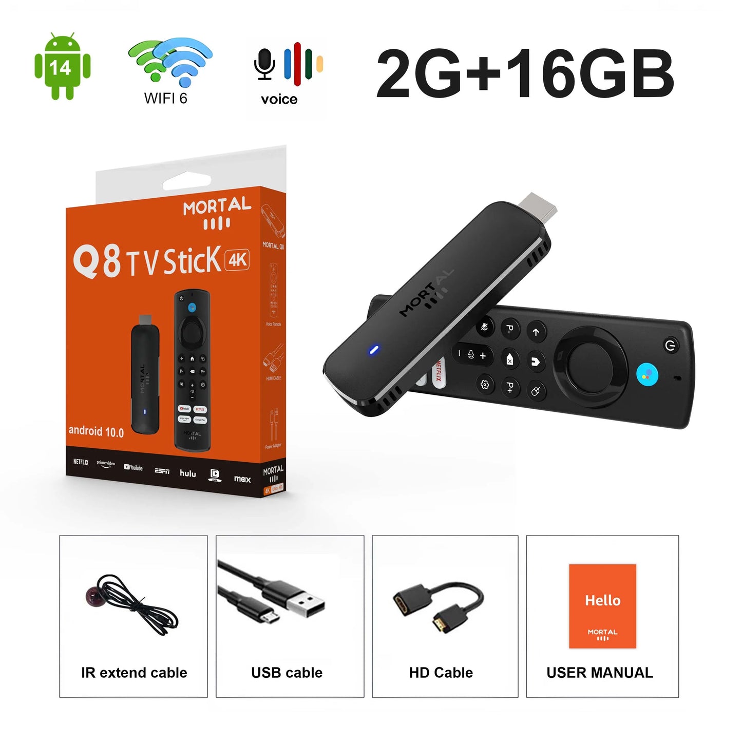 Mortal Android 14 TV Stick Full HD 4K 1080P WiFi 6 Google Voice NETFLIX Youtube Q8 BT5 24Fps Draadloze Video Decode Media Player