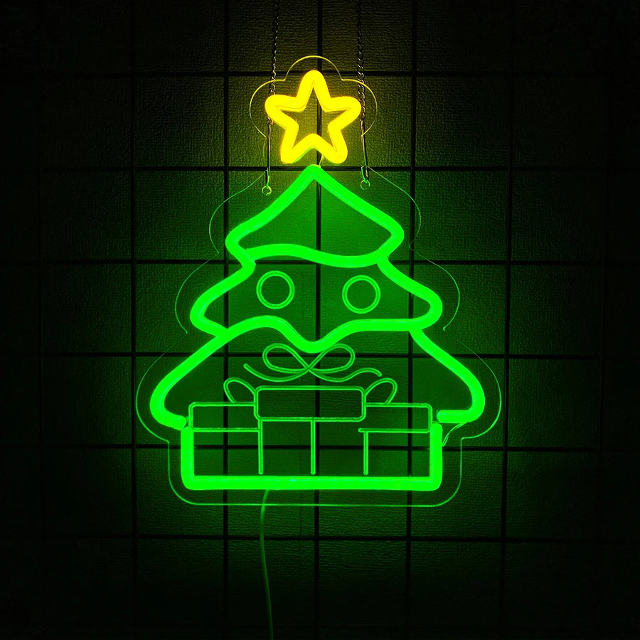 Merry Christmas Neon Sign for Wall Decor, Christmas Tree Neon Signs Vibrant LED Neon Light up Sign for Party Decor USB Powered