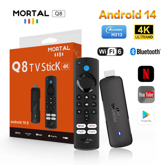 Mortal Android 14 TV Stick Full HD 4K 1080P WiFi 6 Google Voice NETFLIX Youtube Q8 BT5 24Fps Draadloze Video Decode Media Player