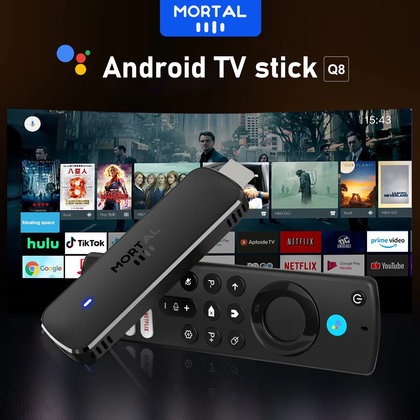 Mortal Android 14 TV Stick Full HD 4K 1080P WiFi 6 Google Voice NETFLIX Youtube Q8 BT5 24Fps Draadloze Video Decode Media Player