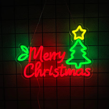 Merry Christmas Neon Sign for Wall Decor, Christmas Tree Neon Signs Vibrant LED Neon Light up Sign for Party Decor USB Powered